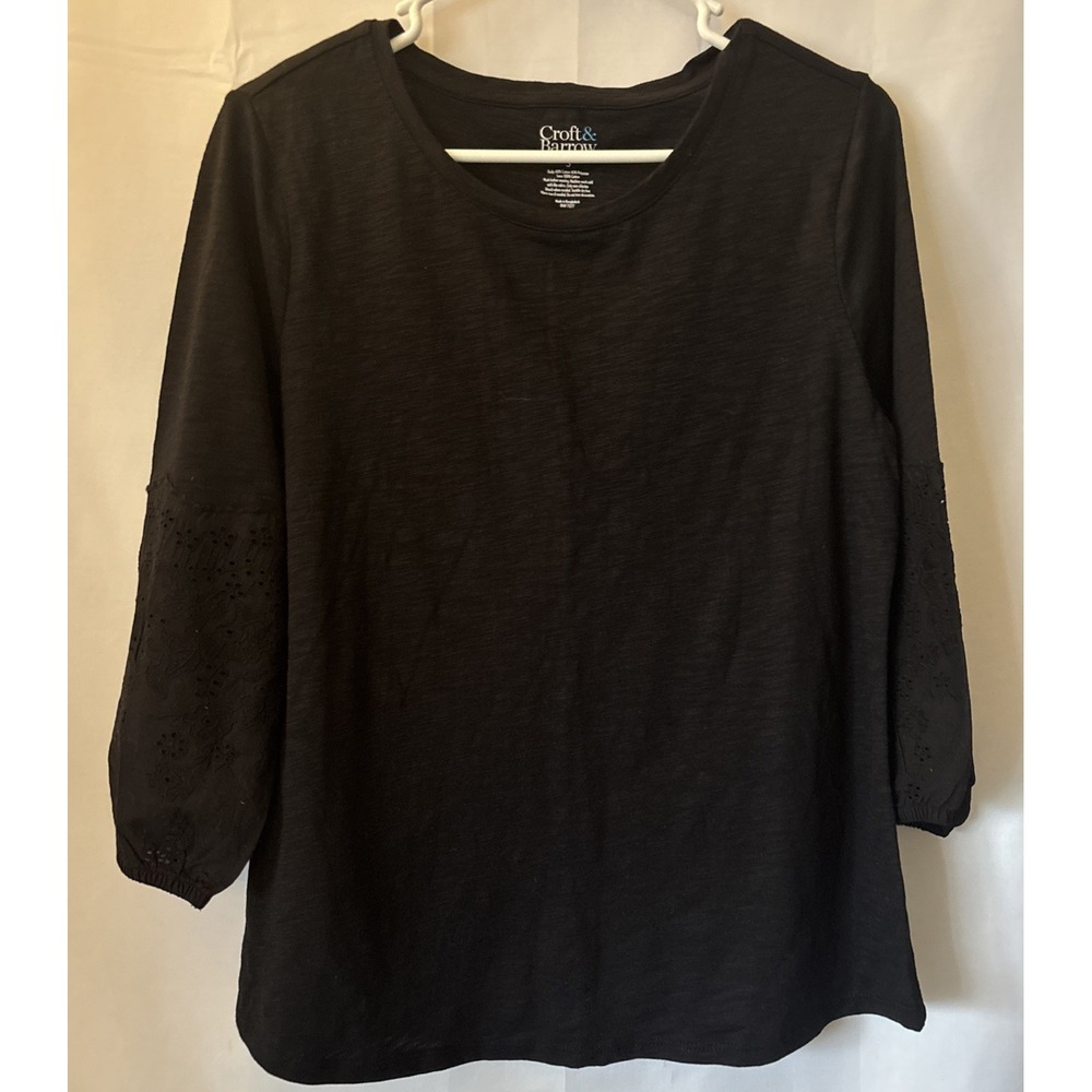 Croft & Barrow Shirt Womens S Black Stretch 3/4 Lace Sleeves Cotton blend